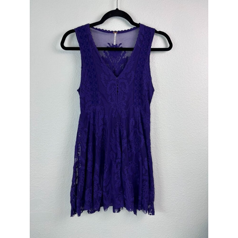 Free People women's 0 purple lace v-neck sleeveless mini fit and‎ flare dress